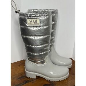 Sam Edelman Women's 7 Silver Puffer Snow Boots Knee High Insulated Drawstring